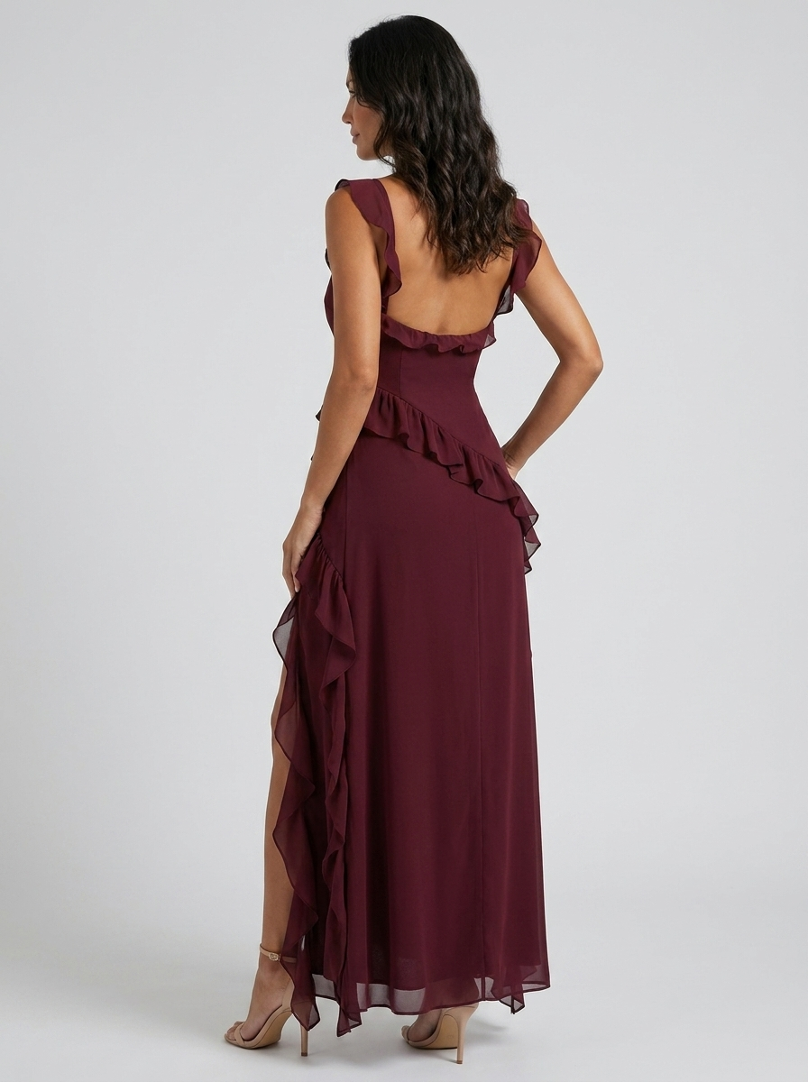 Yolande Ruffle Maxi Dress - Burgundy