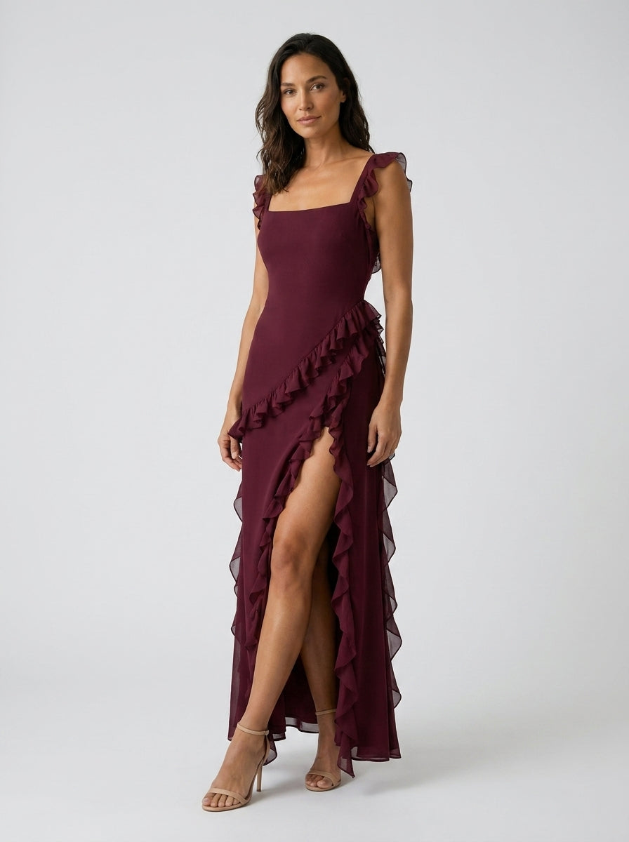 Yolande Ruffle Maxi Dress - Burgundy